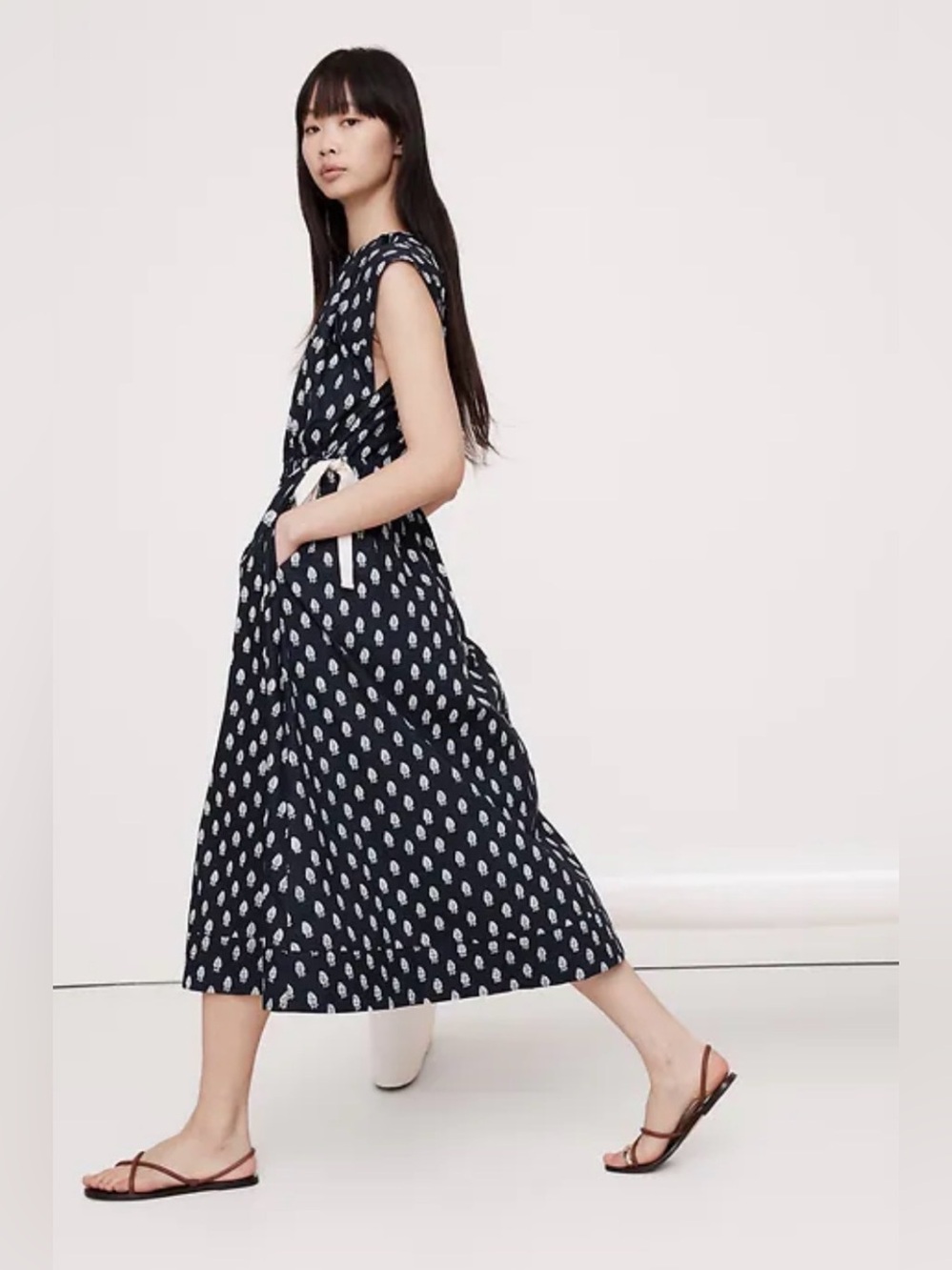 Banana Republic Navy Block Printed Poplin Tie-Waist Midi Dress
